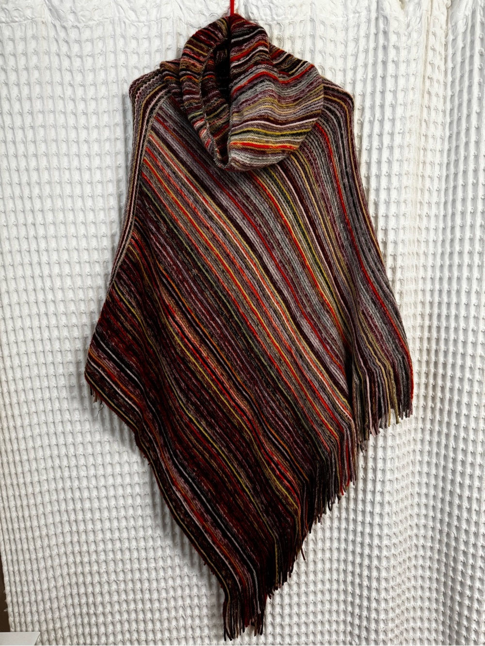 Cejon Multicolor Striped Cowl neck Poncho with Fringe